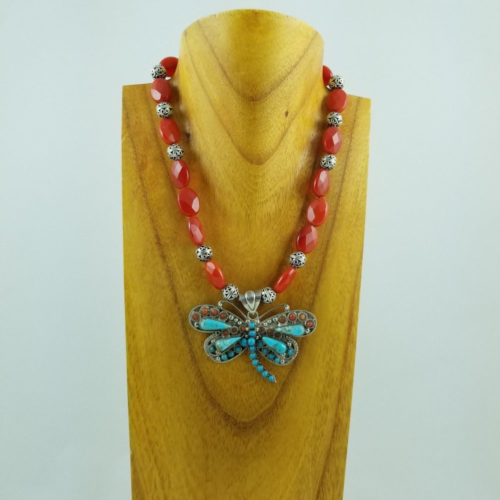 Tibetan Turquoise & Carnelian Butterfly Necklace